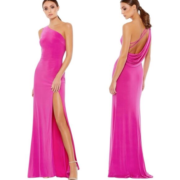 Ieena for Mac Duggal Candy Pink One Shoulder Jersey Gown Size 6 NWTs